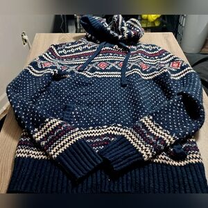Mens American Eagle Birdseye Fairisle hoodie sweater navy blue/tan/red size Sm